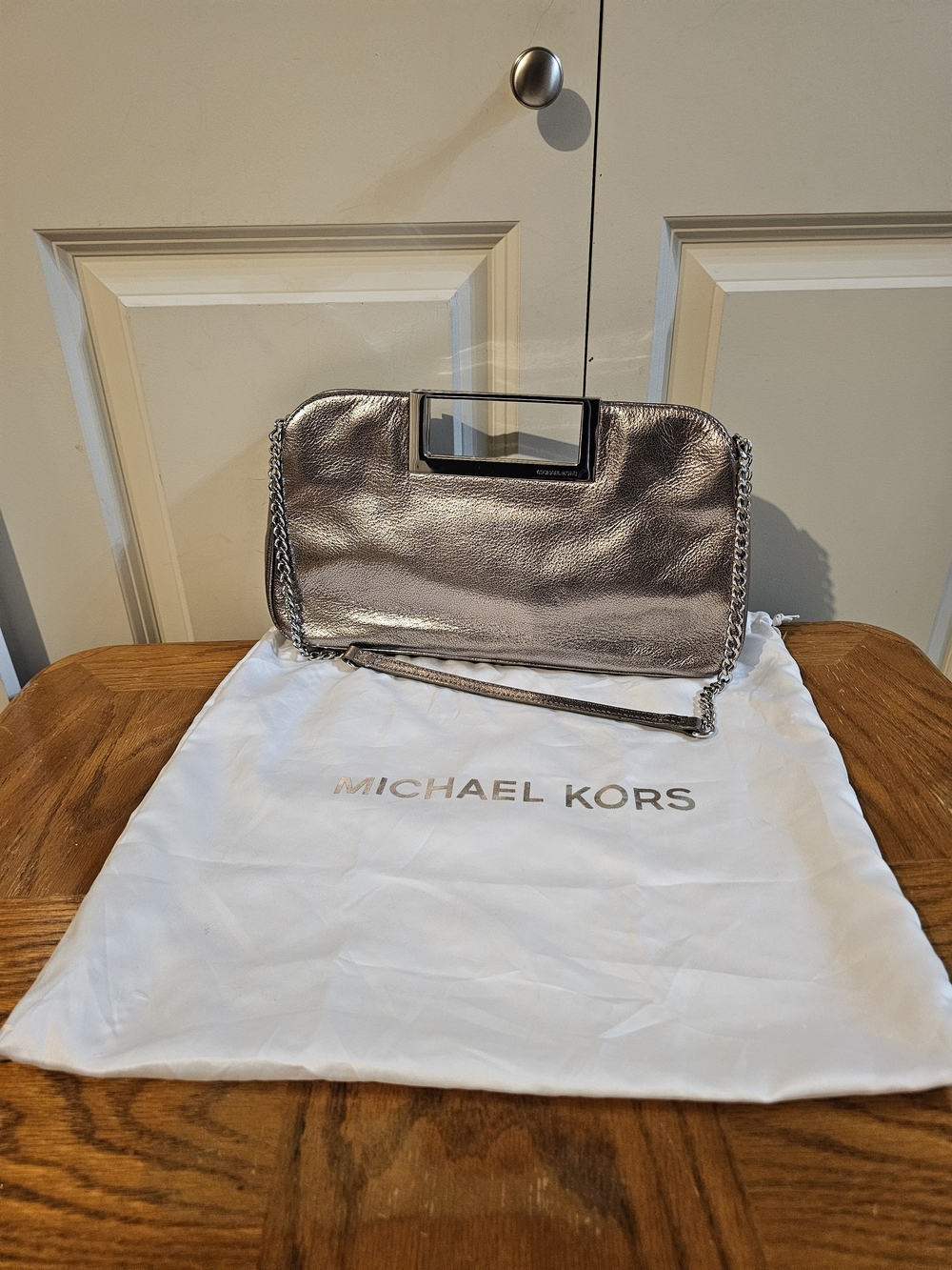 Michael Kors Metallic Pewter Chain-Handle Clutch